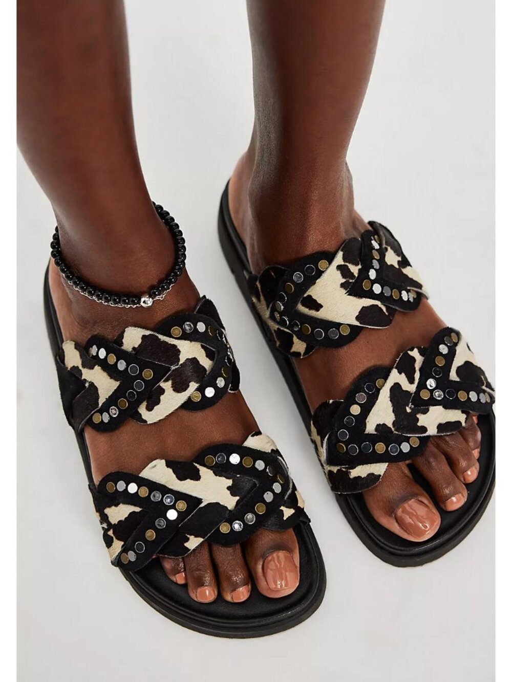Free People Black and White Cowhide Braided Stud Slide Sandals